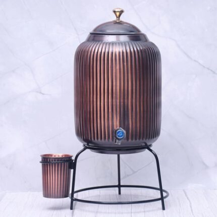 Vintage Rope-Design Copper Water Dispenser Set with Stand and Glass - 8 Liters Capacity